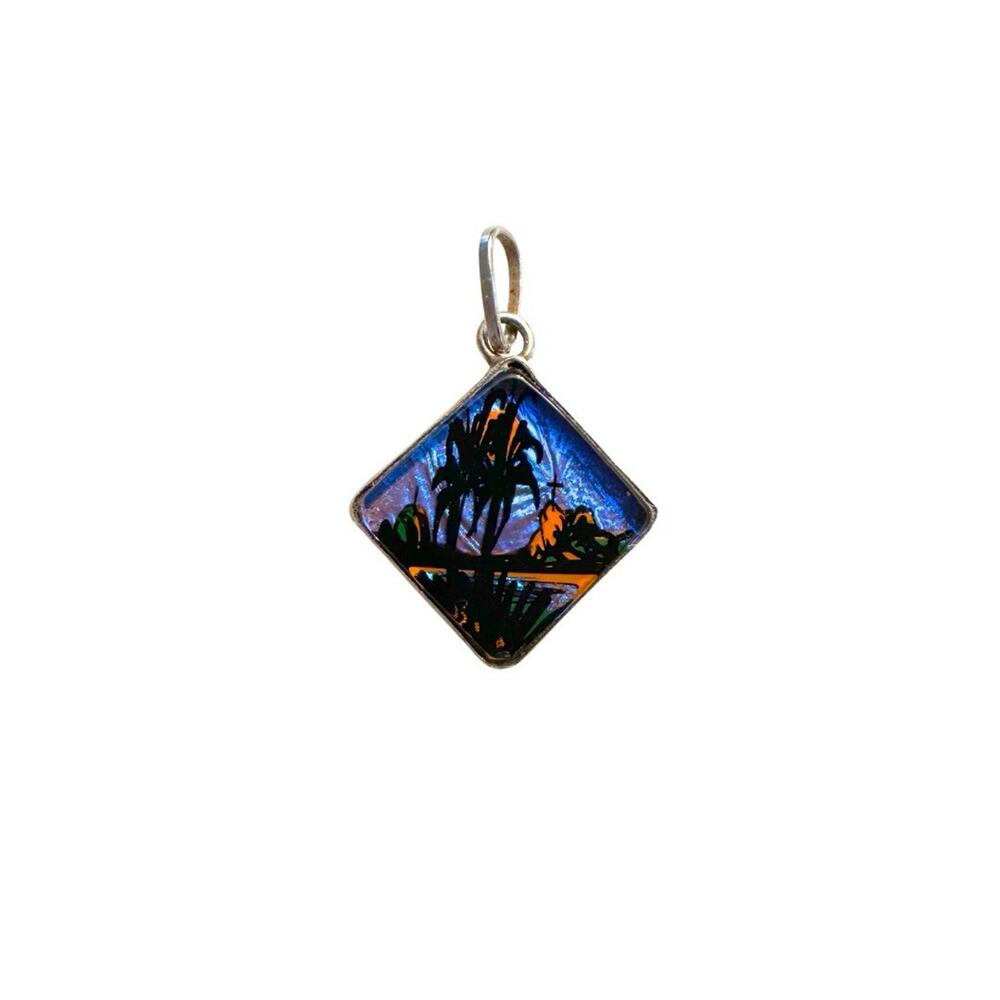 900 Silver Charm Pendant - Vintage Tropical Scene Landscape Cross Blue Morpho